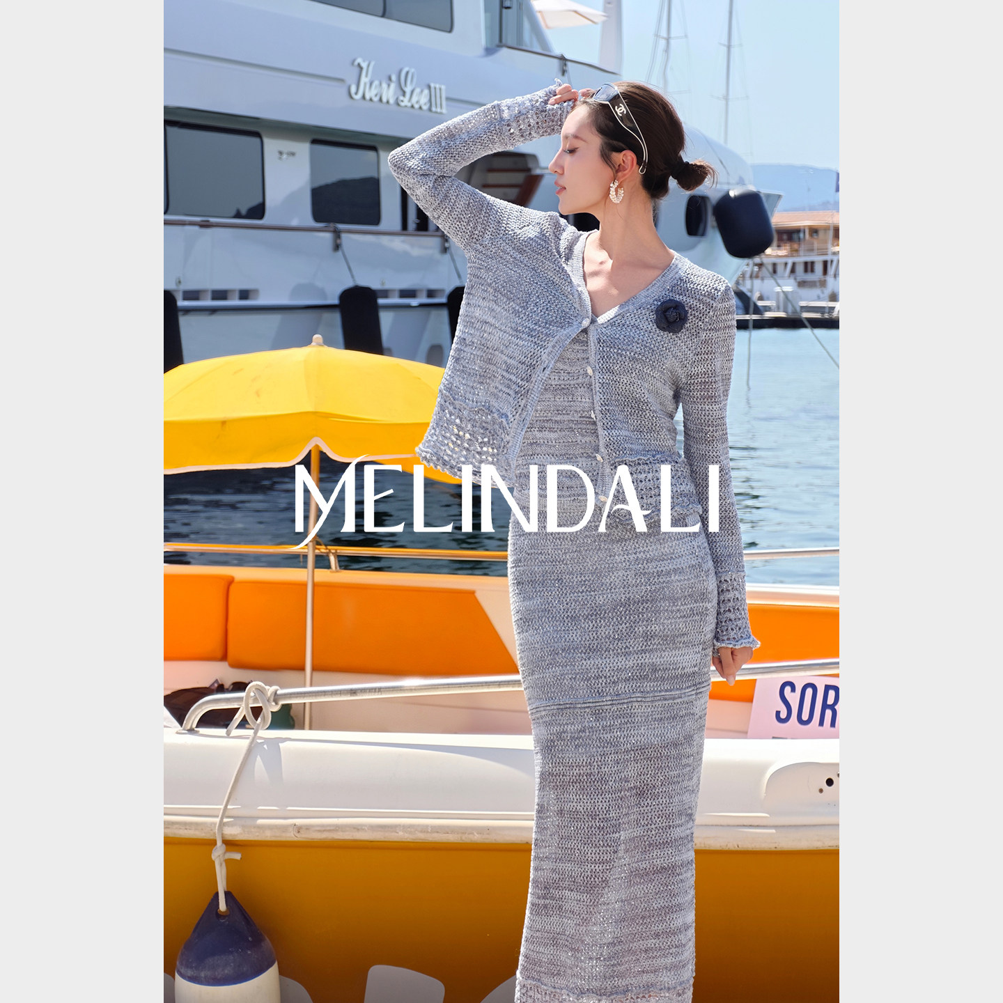 MELINDA LI【尼斯蓝调】精致松弛珠片花纱针织开衫吊带半身裙套装图片