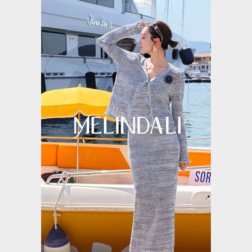 MELINDA LI【尼斯蓝调】精致松弛珠片花纱针织开衫吊带半身裙套装