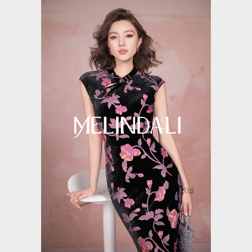 MELINDA LI【山茶贵女】梦颖家中式桑蚕丝丝绒烂花斜裁旗袍连衣裙