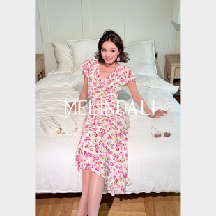 MELINDA LI【如花在野】16MM桑蚕丝人丝郁金香印花斜裁短袖连衣裙