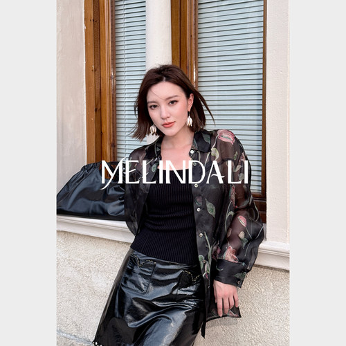 MELINDA LI【手绘花园】黑标万事利桑蚕丝欧根缎郁金香印花衬衫