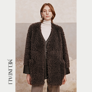 MelindaLi梦颖【巴黎夜旅人】 獨家设计环保皮草加厚皮质拼接外套