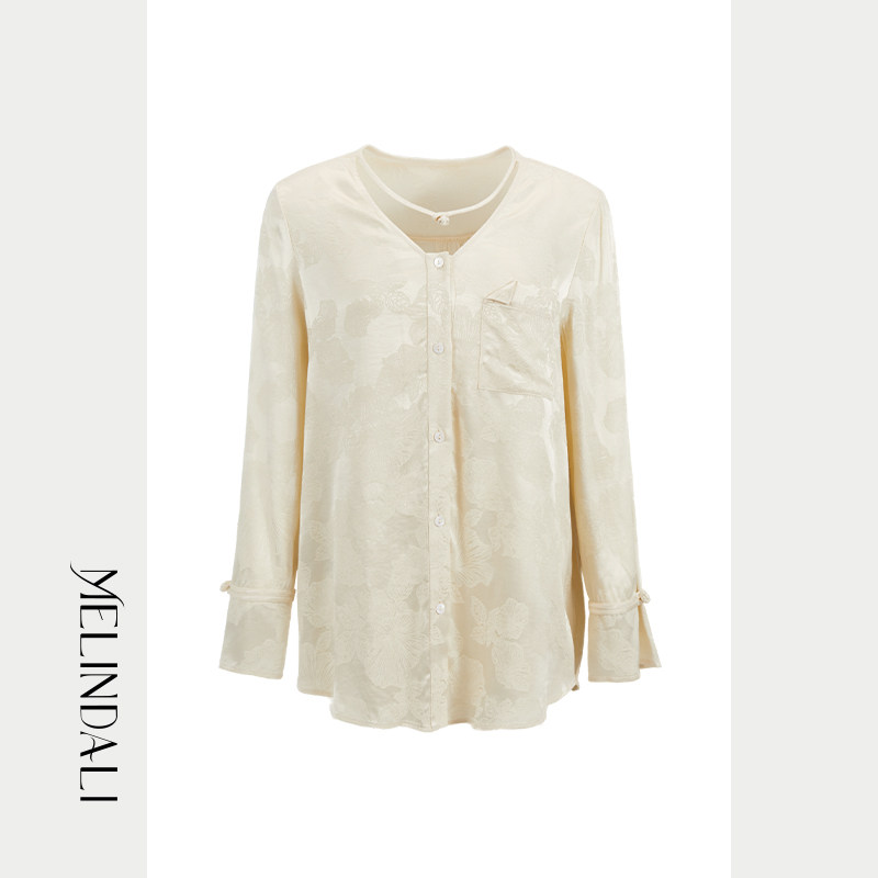 MELINDA LI【雅致】复古新中式国风提花贴袋V领盘扣宽松长袖衬衫,女装/女士精品,衬衫,淘宝优惠券,粉丝福利购,淘宝优惠卷
