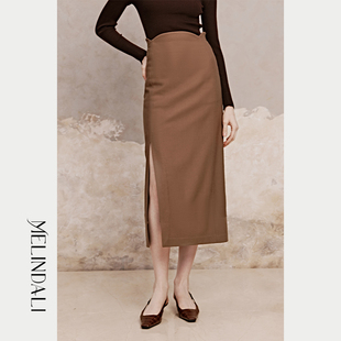 MelindaLi梦颖 进店B败_立裁直身廓形精纺羊毛开叉半身裙 云边