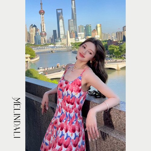 MELINDA LI【过目不忘】法式度假莱赛尔亚麻郁金香印花A摆连衣裙