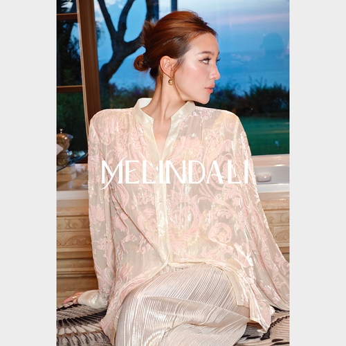 MELINDA LI【东方芍药】桑蚕丝丝绒烧花佩斯利卷草纹设计粉金衬衫