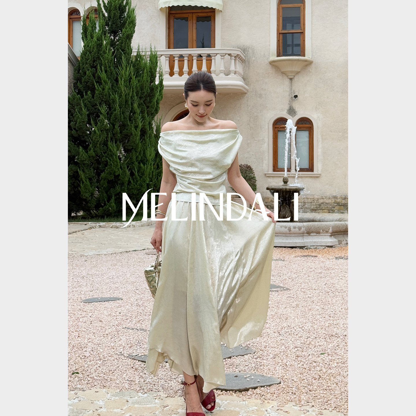 MELINDA LI【金沙流光】烫银雪纺缎荡领收腰上衣半身裙伞裙套装