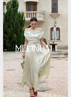 MELINDA LI【金沙流光】烫银雪纺缎荡领收腰上衣半身裙伞裙套装
