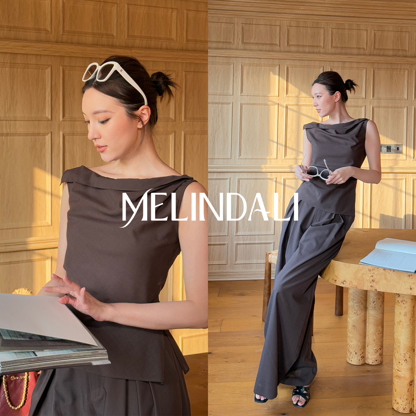 MELINDA LI【生巧套】摩卡咖绵羊毛斜领无袖收腰松弛阔腿裤套装