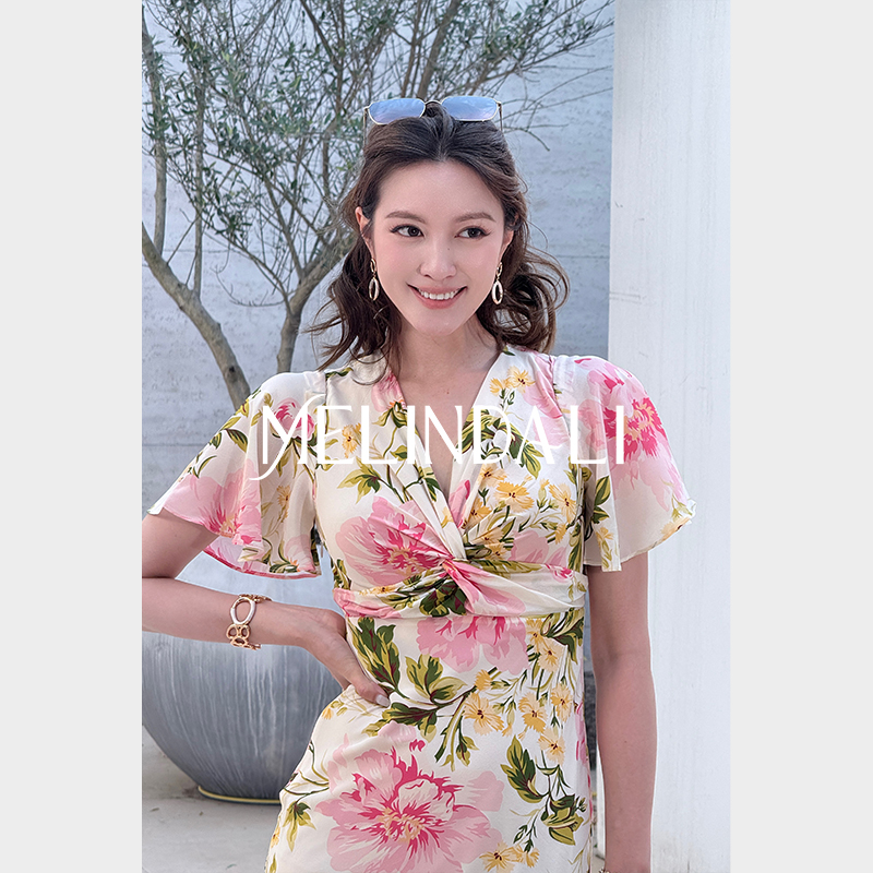 MELINDA LI【玫瑰午后】重磅16姆米100桑蚕丝印花扭结收腰连衣裙