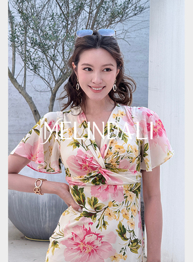 MELINDA LI【玫瑰午后】重磅16姆米100桑蚕丝印花扭结收腰连衣裙
