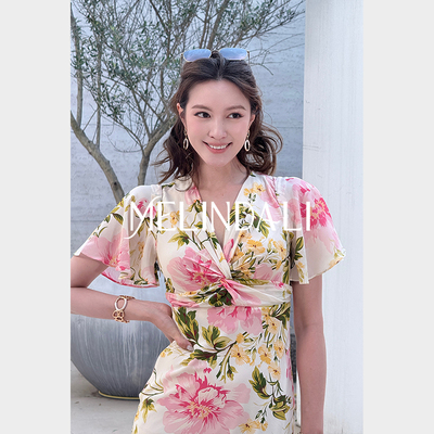 MELINDA LI【玫瑰午后】重磅16姆米100桑蚕丝印花扭结收腰连衣裙