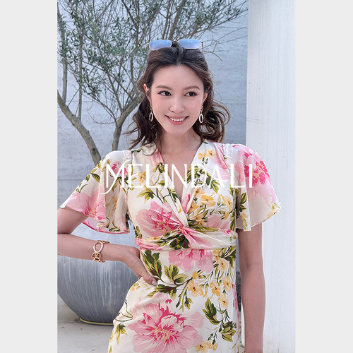 MELINDA LI【玫瑰午后】重磅16姆米100桑蚕丝印花扭结收腰连衣裙