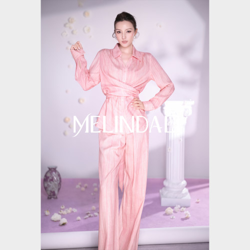 MELINDA LI【老钱芭乐套】莱赛尔亚麻交叠围裹高腰阔腿长裤衬衫套