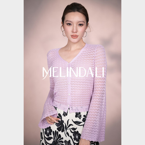MELINDA LI【紫珊瑚】法式金银丝细闪手钩镂空针织开衫独特漂亮衫