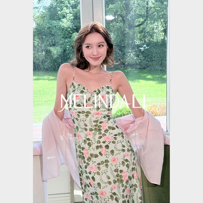 MELINDA LI【绿野玫瑰】桑蚕丝人丝双绉玫瑰印花斜裁吊带连衣裙夏