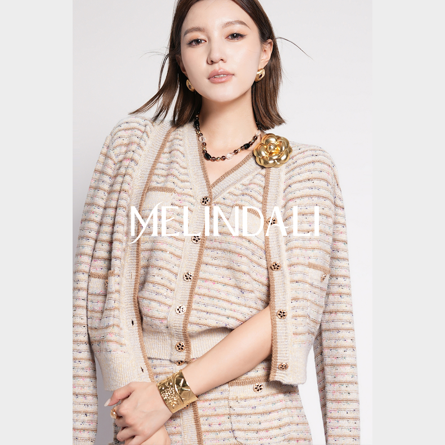 MELINDA LI【新贵老钱香】彩宝条纹高智小香风针织背心开衫半裙套