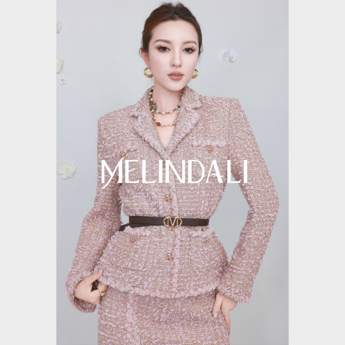 MELINDA LI【高定粉玫瑰】黑标意大利Ubertino花呢小香外套半裙