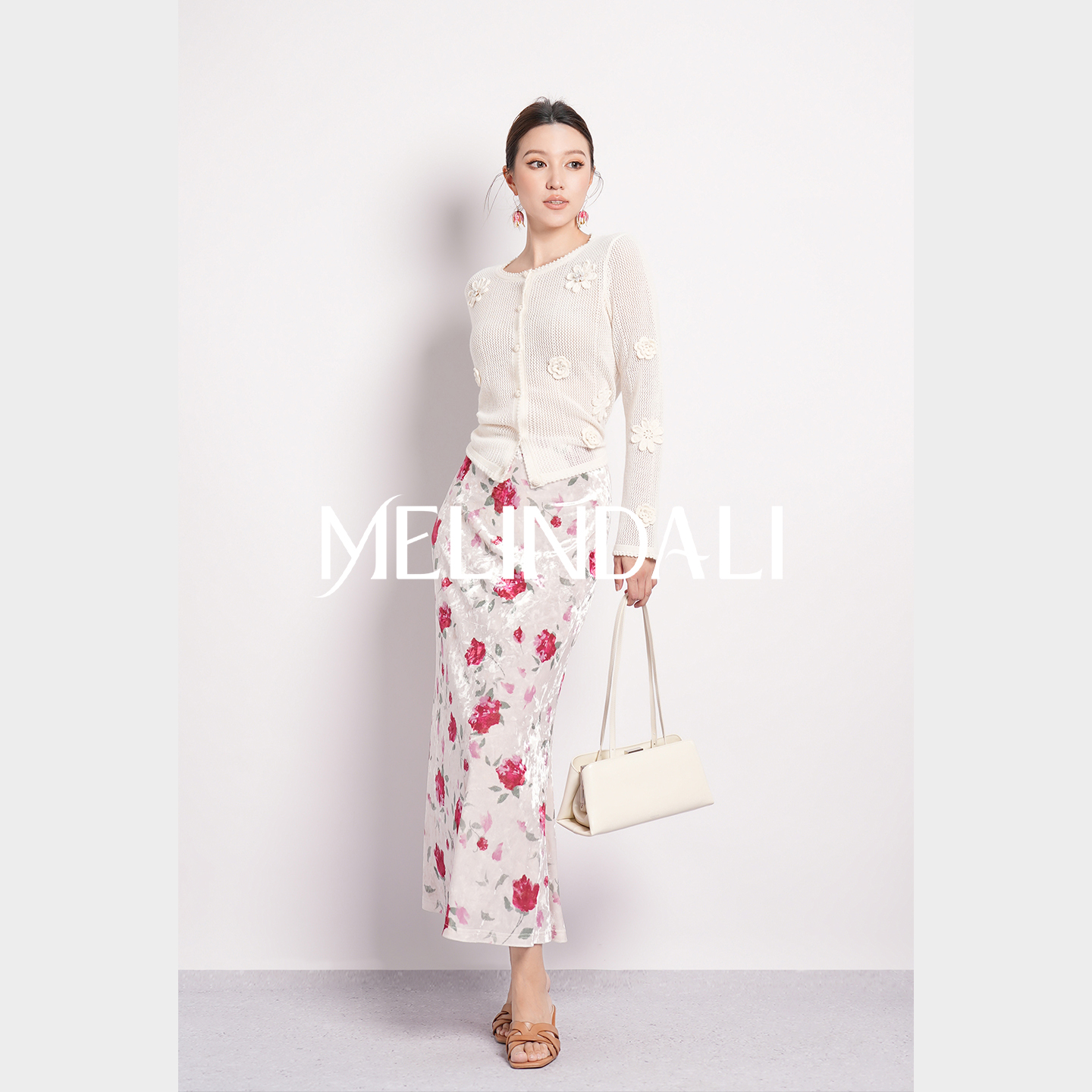 MELINDA LI【白雪玫瑰】优雅气质弹力丝绒橡筋腰玫瑰印花修身半裙