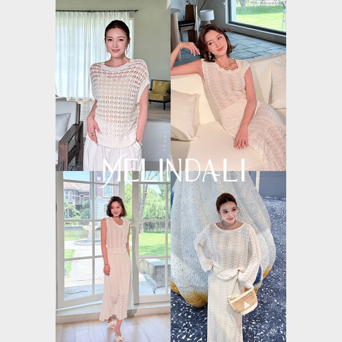 MELINDA LI【贝壳针织套】梦颖私服度假百搭白色镂空盖袖针织罩衫