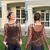 MELINDA 私服焦糖丝绒重工手钩镂空流苏针织罩衫 琥珀雪尼尔