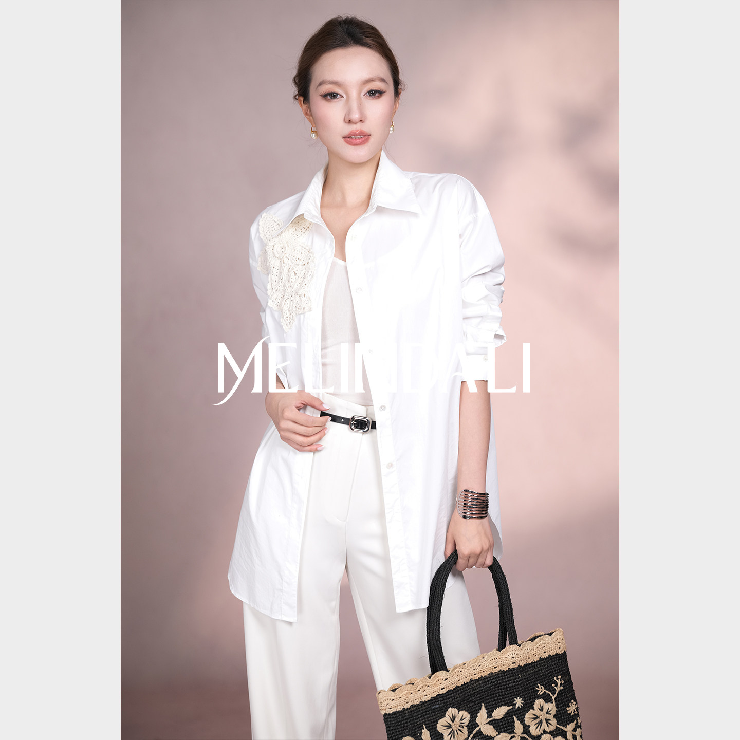 MELINDA LI【蓝白花境】时尚设计感高支棉立体手工钩花衬衫