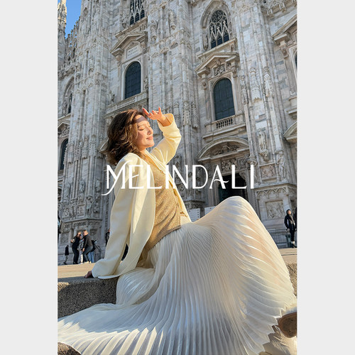 MELINDA LI【香榭丽舍】法式通勤流光丝光缎薄纱高温真空压褶半裙