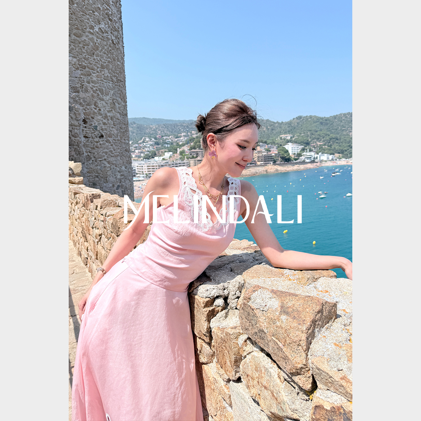 MELINDA LI【浮雕粉晶】重工绣花天丝绵羊毛多巴胺背心半裙套装