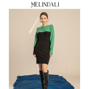 MelindaLi秋冬绿拼色蝙蝠袖连衣裙秋冬通勤及膝长裙