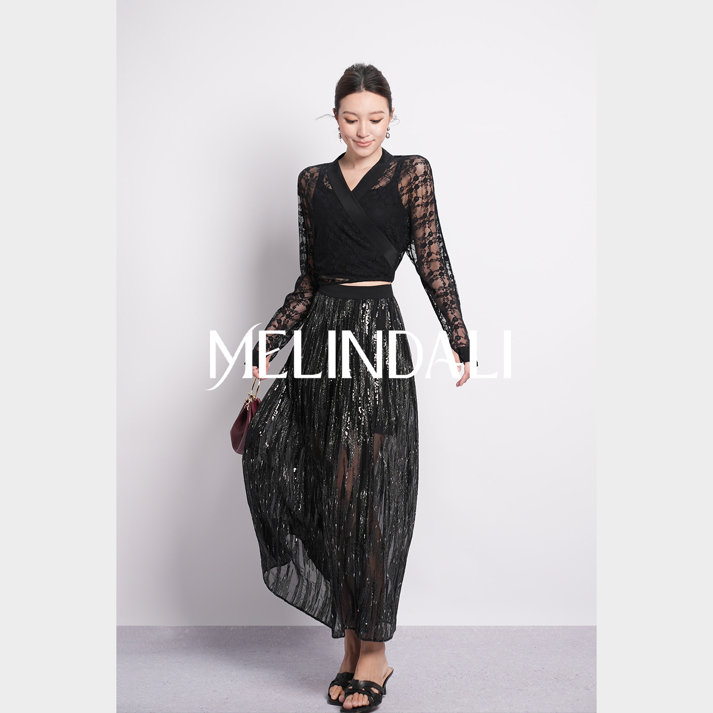 MELINDA LI【流星】重工闪耀珠片绣贵气感高腰百褶半身裙女秋新品