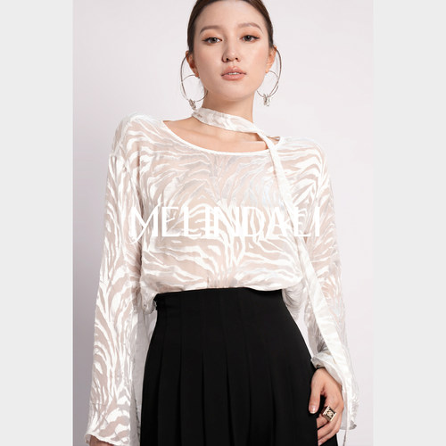 MELINDA LI【白斑马】重磅白月光桑蚕丝人丝烂花绡斑马纹飘带衬衫