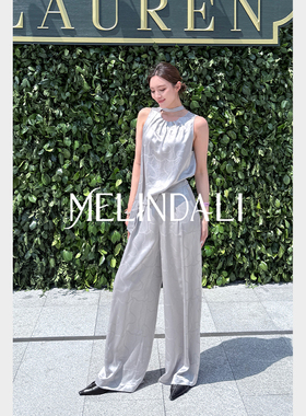 MELINDA LI【都会链条套】私服醋酸银链提花背心上衣直筒裤套装