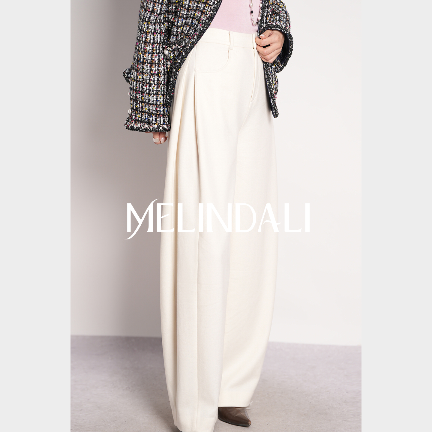 MELINDA LI【老钱廓形】羊毛香蕉镰刀裤高腰垂直筒裤白色阔腿裤