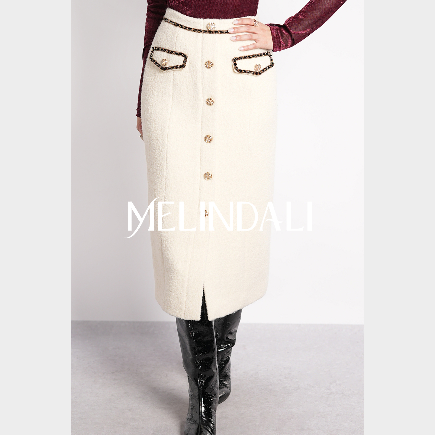 MELINDA LI【白巧】法式优雅小香风绵羊毛前开衩包臀直筒半裙