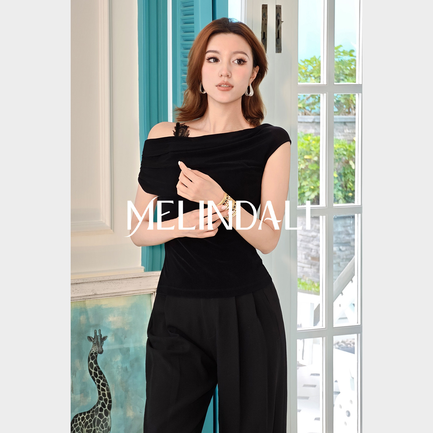 MELINDA LI【睫毛醋酸】优雅职场醋酸一字肩蕾丝针织上衣短袖T夏