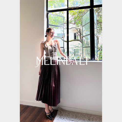 MELINDA LI【红酒慢奏】安可拉红哑光PU风琴百褶高腰A字长款皮裙