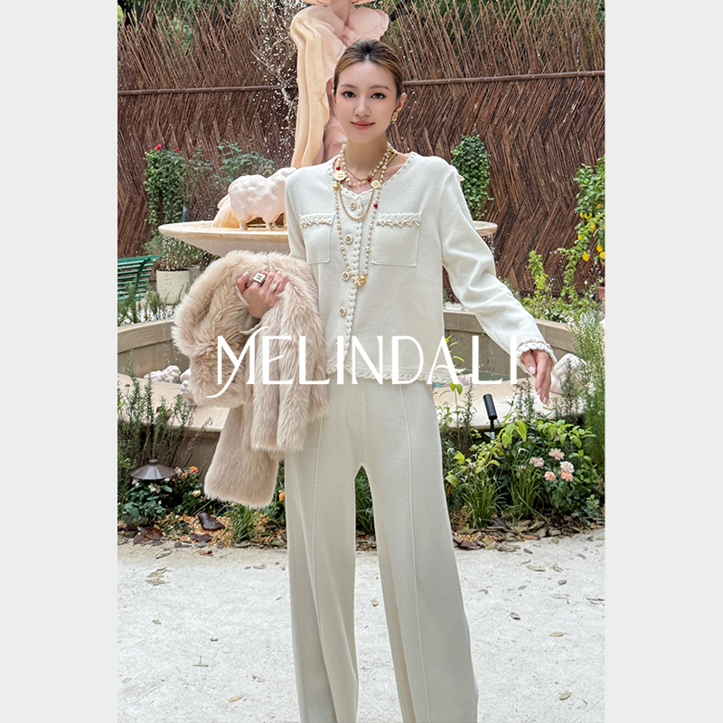 MELINDA LI【白珍珠】法式绵羊毛金丝手钩花小香风针织开衫套装