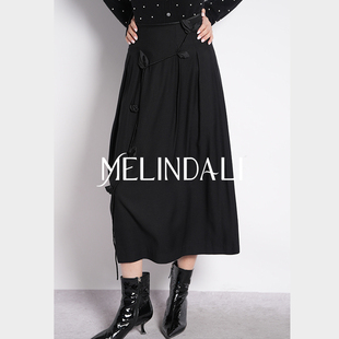 MELINDA LI【优雅盛放】法式轻奢醋酸丝毛郁金香贴花压褶A字半裙