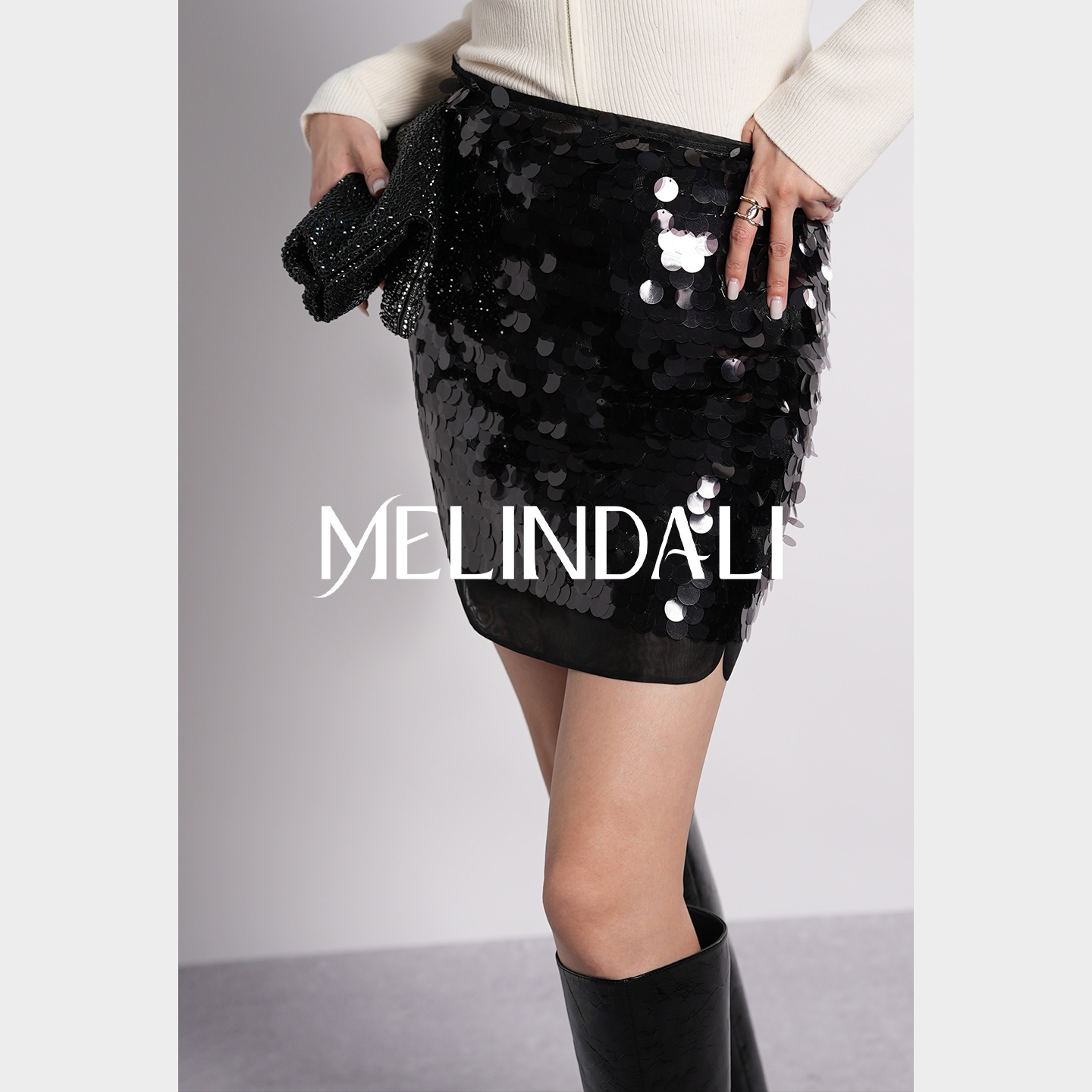 MELINDA LI【闪闪日常】私服节日年会闪闪亮片拼接欧根纱包臀短裙