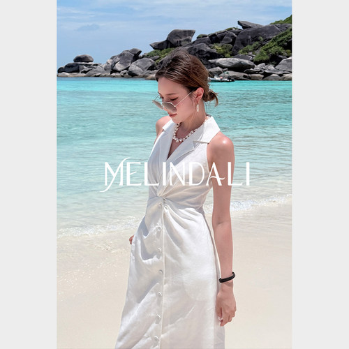 MELINDA LI【珍珠号】梦颖私服人丝亚麻西装领纽结通勤收腰连衣裙
