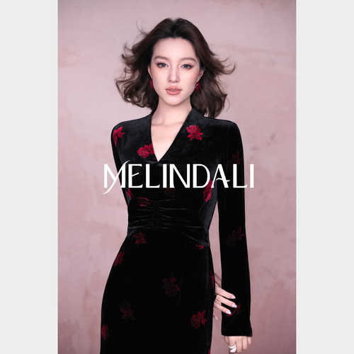 MELINDA LI【鎏金繁花】新中式桑蚕丝丝绒金玫瑰立裁收腰连衣裙