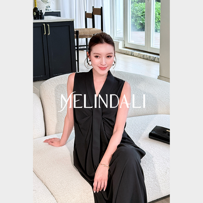 MELINDA LI【丝滑纸片人】梦颖私服醋酸青果领设计感小黑裙连衣裙
