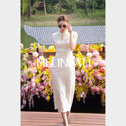 MELINDA LI【白海棠】新中式闪葱蕾丝钉珠绣水滴小立领收腰旗袍