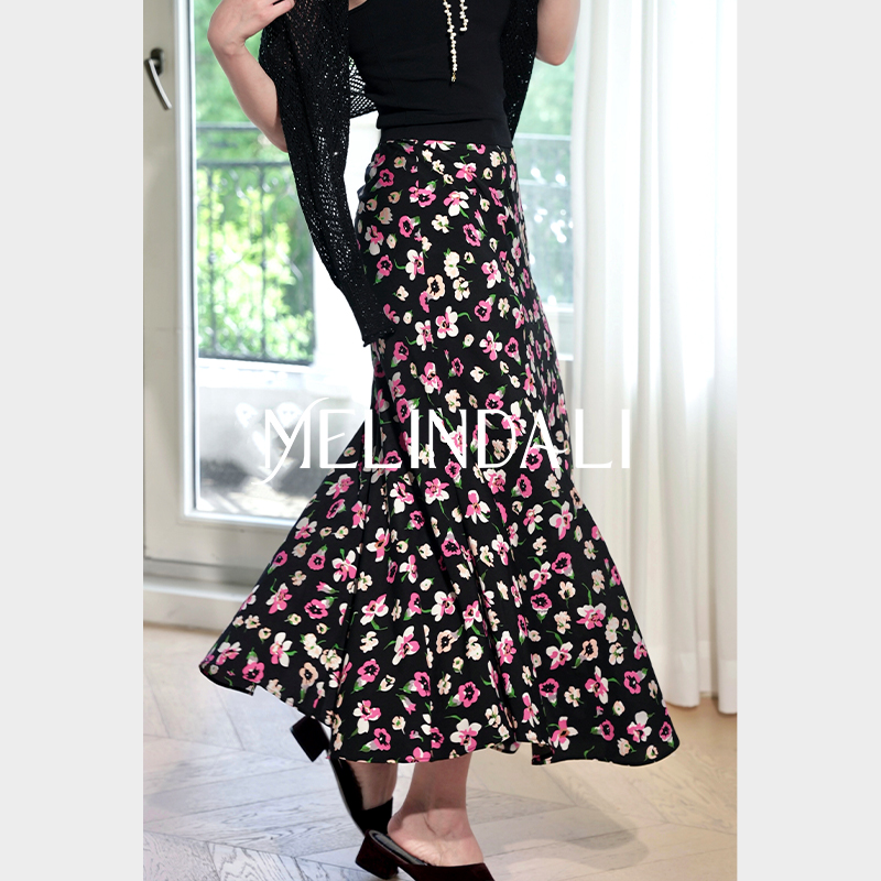 MELINDA LI【花园鱼尾】浪漫优雅小碎花印花松紧腰鱼尾长款半身裙