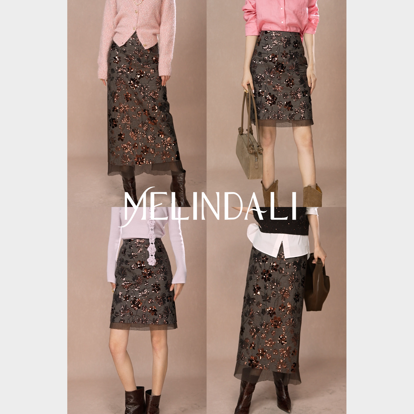 MELINDA LI【火树银花】法式复古珠片刺绣牛仔拼接网纱包臀直筒裙