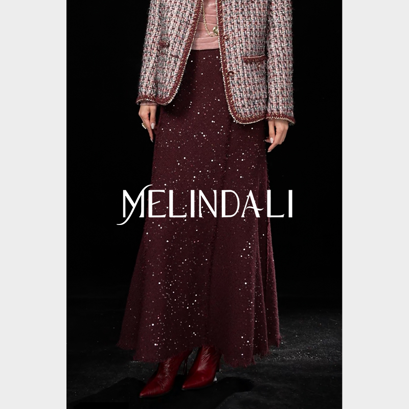 MELINDA LI【闪耀梅子】法式绵羊毛珠片粗纺小香风毛边包臀鱼尾裙