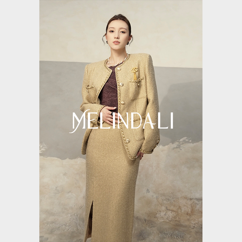 MELINDA LI【流沙小香】高级绵羊毛金银丝粗花呢小香外套半裙