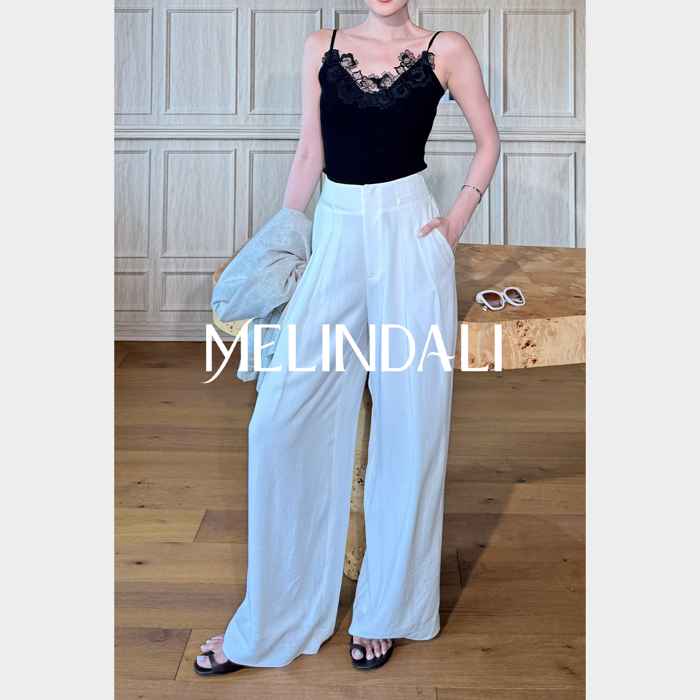 MELINDA LI【抗皱神裤】私服醋酸高腰压褶宽松阔腿通勤直筒白裤子