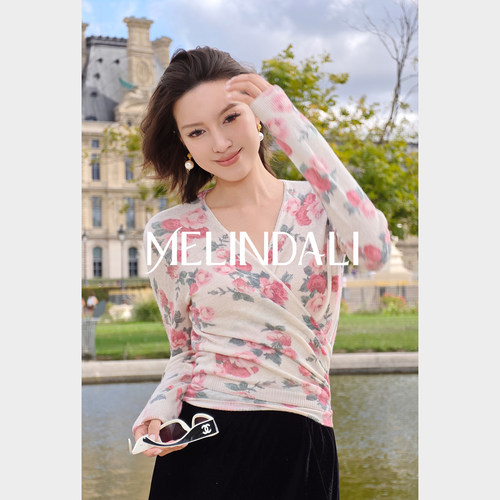 MELINDA LI【莫奈】法式浪漫羊驼毛绵羊毛玫瑰印花围裹收腰针织衫