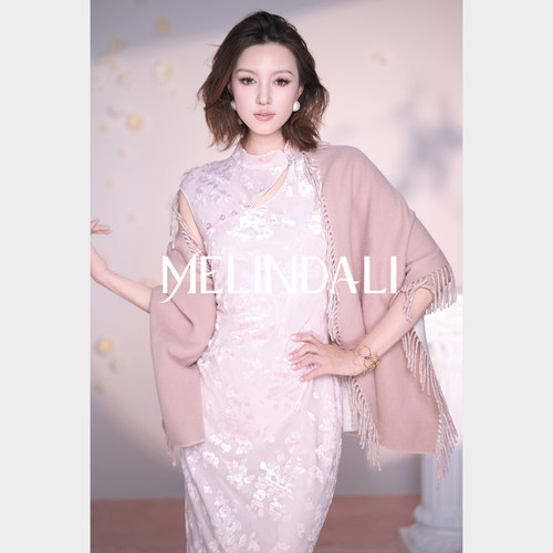 MELINDA LI【绝代粉金】新中细闪花卉丝绒高弹立裁收腰侧开叉旗袍